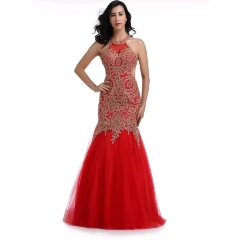 Anny Lee  Red/Gold Women's Size S Prom Gown Embroidered Dress Stunning NWT # CB5